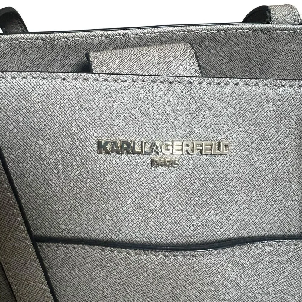 Karl Lagerfeld Paris Taupe Gray Saffiano Leather Satchel Double Handles